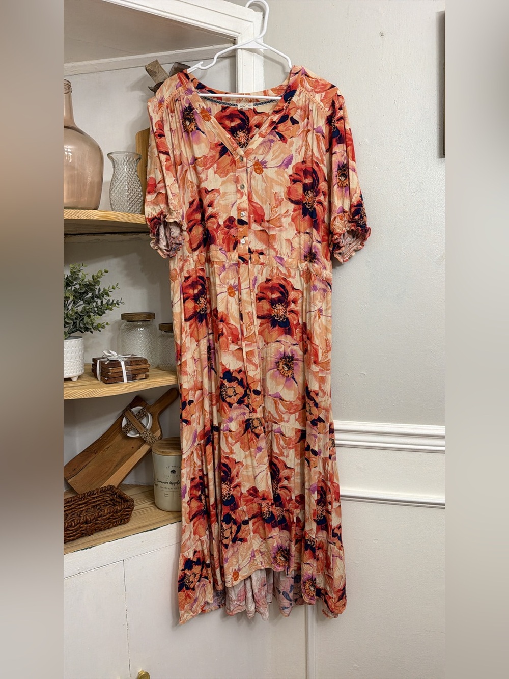 Peach Floral Maxi Dress with Puff Sleeves